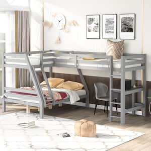 L-Shaped Gray Twin over Full Bunk Bed with Ladder and Built-in Desk