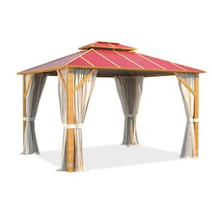 10 ft. x 12 ft. Metal Hardtop Gazebo, Wooden Finish Coated Aluminum Frame Double Roof Gazebo, Claret