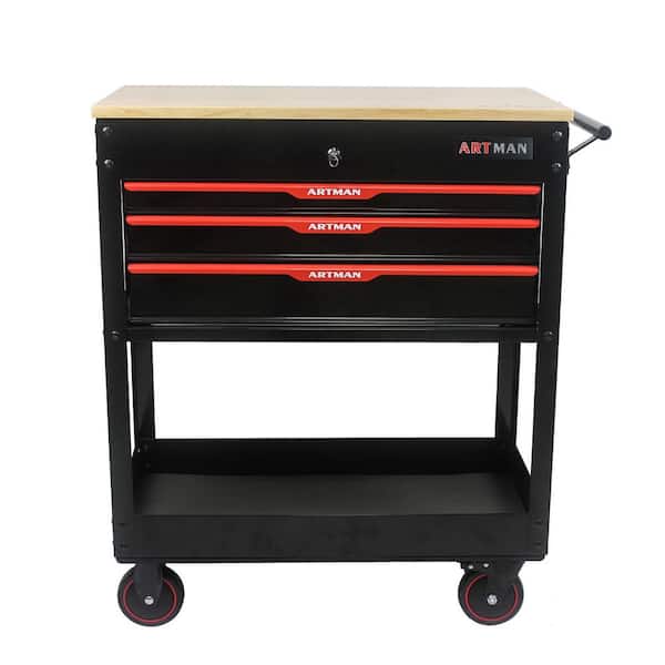 Damodpoy 17.5 in. 3-Drawers Multifunctional Tool Cart with Wheels and Wooden Top