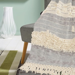 Gemma Cottage Gray Fringed Tassel Cozy Organic Cotton Throw Blanket