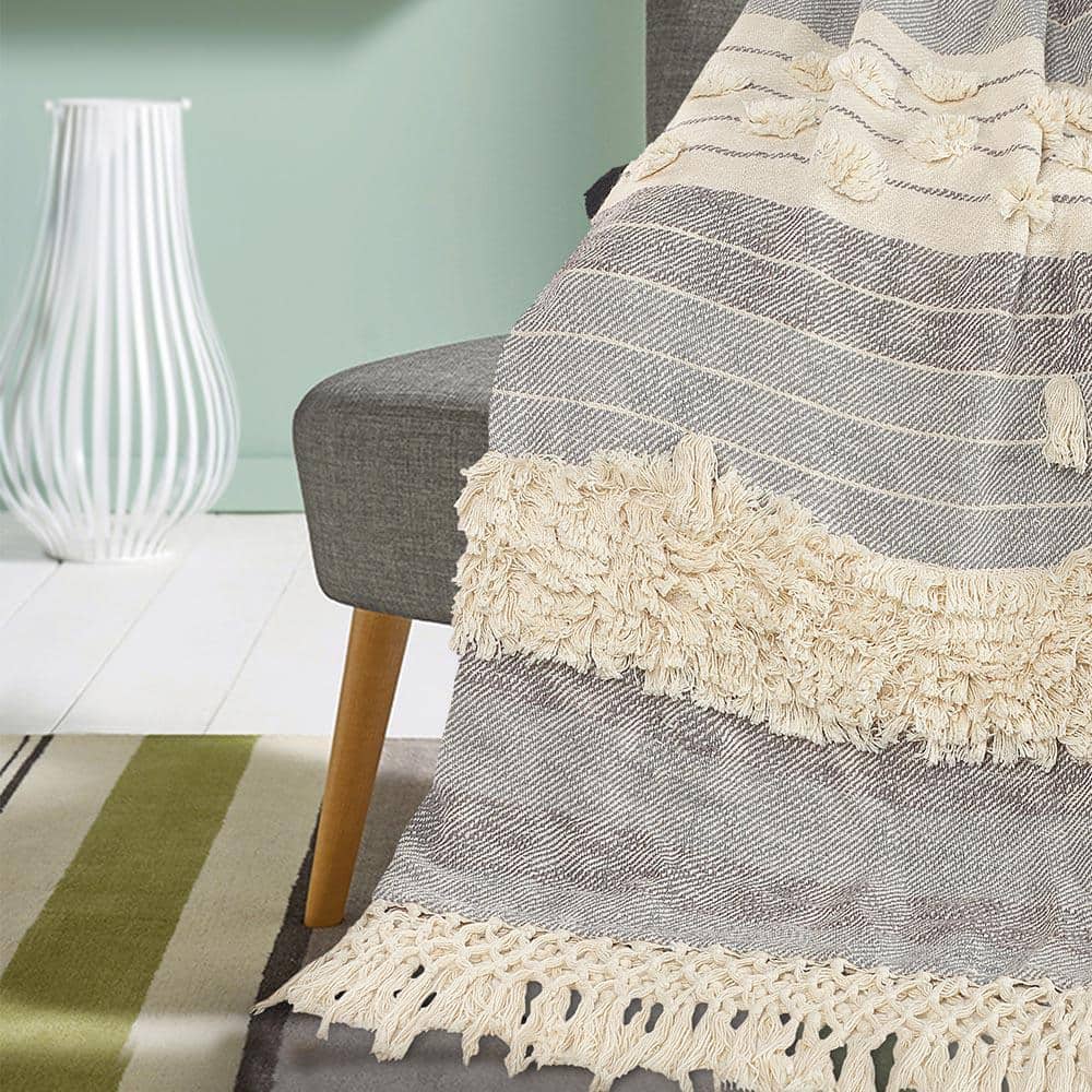 Gemma Cottage Gray Fringed Tassel Cozy Organic Cotton Throw Blanket