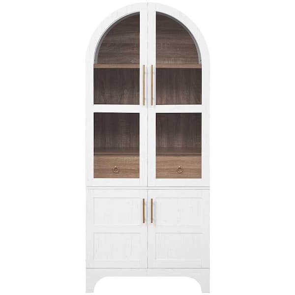 71 in. Tall Arched Kitchen Pantry Cabinet with Door Shelves, Hidden Drawer & Glass Door for Kitchen, Dining Room, White