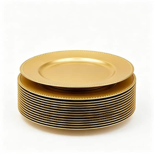 12 Pack 13 in. Plastic Gold Charger Plates, Round Beaded Charger Plates for Wedding, Catering Event, Tabletop Decor
