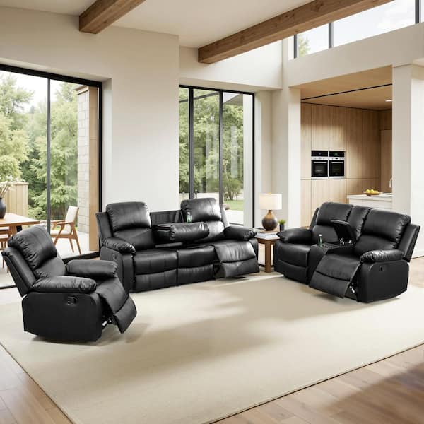 182 in. Overall Pillow Top Arm Leather Rectangle Recliner Sofa Set in Black, 6-Seats Sectional with Storage, Cup Holders