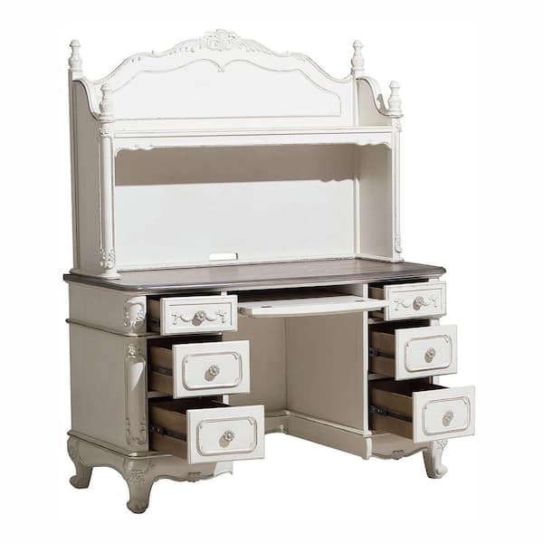 Grazioso 50 in. Vintage Solid Wood 6-Drawers Writing Desk with Keyboard Tray, Shelf in Antique White Finish