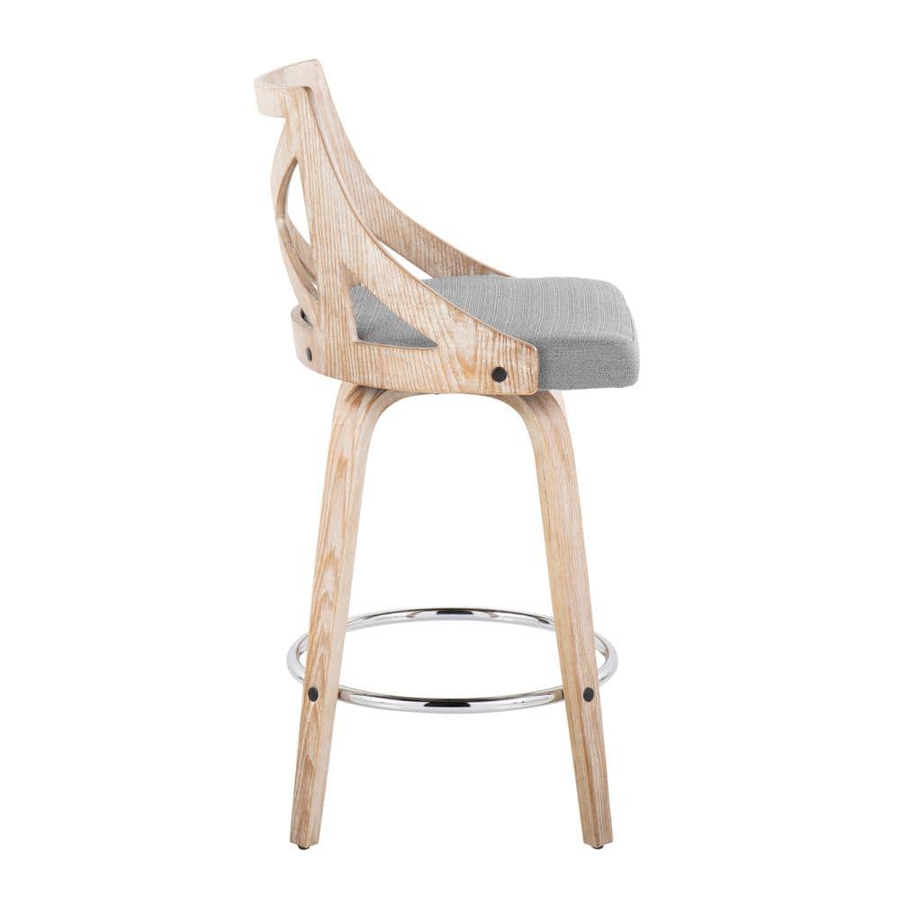 Charlotte 26" Light Grey Fabric and White Washed Wood Swivel Counter Stools