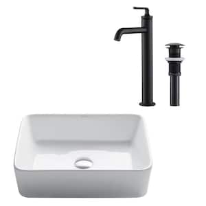 Elavo Vessel White Ceramic Bath Sink and Ramus Single Handle Bath Faucet with Pop-Up Drain in Matte Black