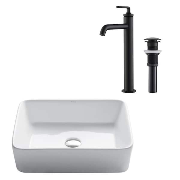 KRAUS Elavo Vessel White Ceramic Bath Sink and Ramus Single Handle Bath Faucet with Pop-Up Drain in Matte Black