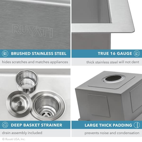 Ruvati RVH8210 15 x 20 in. Workstation Drop-In Topmount Bar Prep RV Sink 16 Gauge Stainless Steel