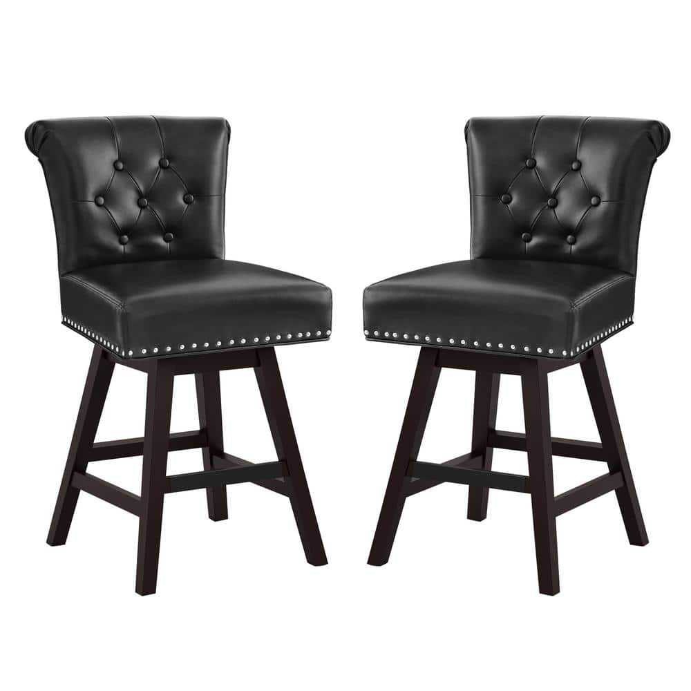 Black Faux Leather 26'' Swivel Bar Stools with Wood Legs