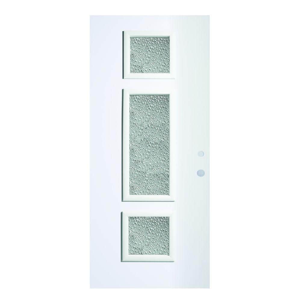 Stanley Doors 32 in. x 80 in. Neo-Deco Zinc Full Lite Painted White Left-Hand Inswing Steel Prehung Front Door, Prefinished White/Zinc Glass Caming