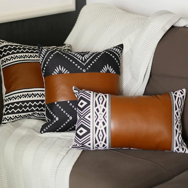 Bohemian Set of 4 Handmade Decorative Throw Pillow Vegan Faux Leather  Geometric 12 x 20 Brown & Ivory Lumbar for Couch, Bedding