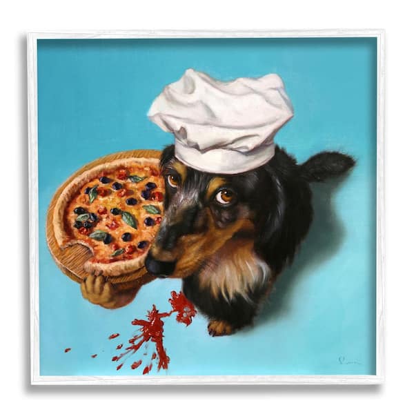 Stupell Industries Dog Chef Pizza Bite Portrait by Lucia Heffernan 1-Piece White Framed Animal Giclee Art Print 24 in. x 24 in.