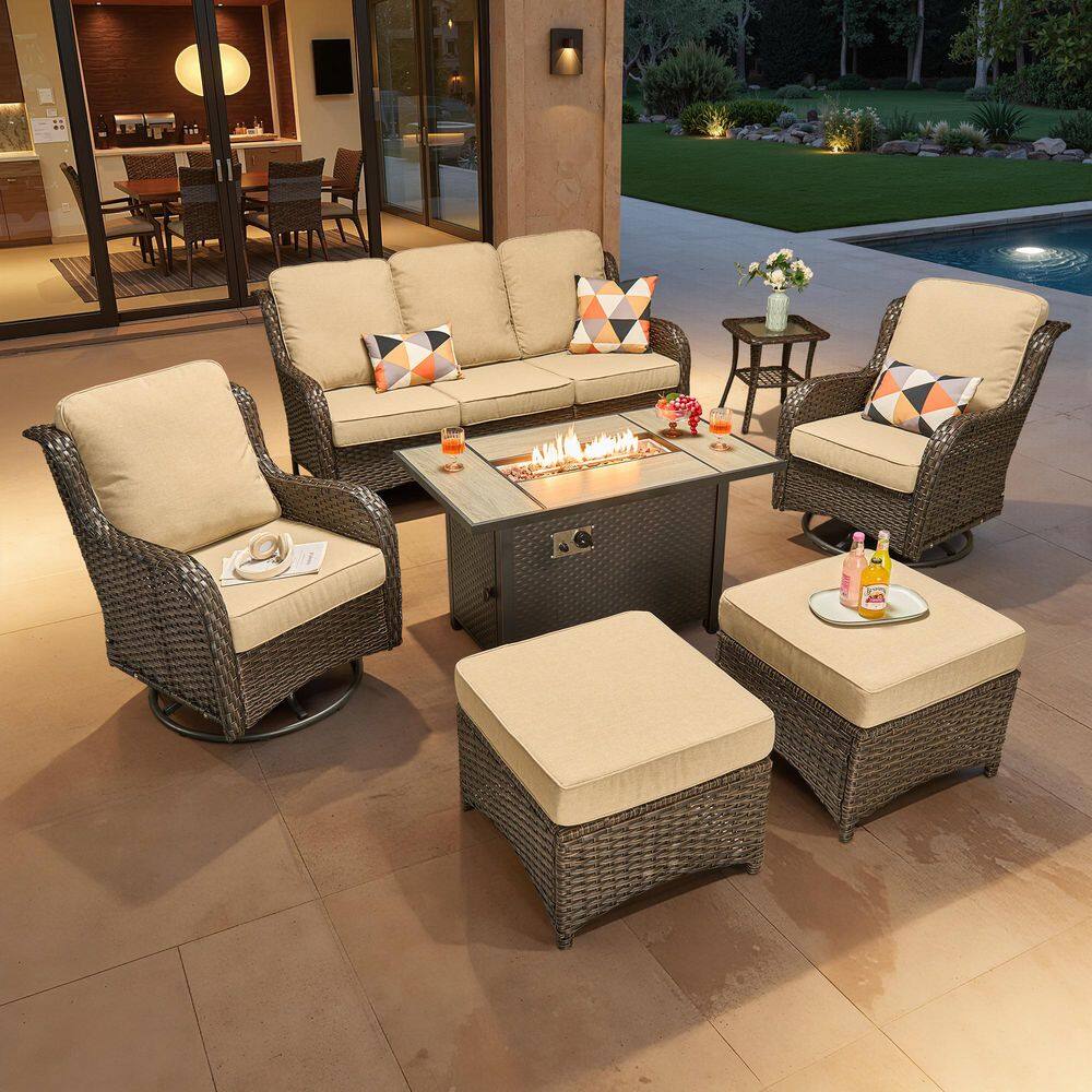 HOOOWOOO Garnet 7-Piece Wicker Outdoor Fire Pit Patio Conversation