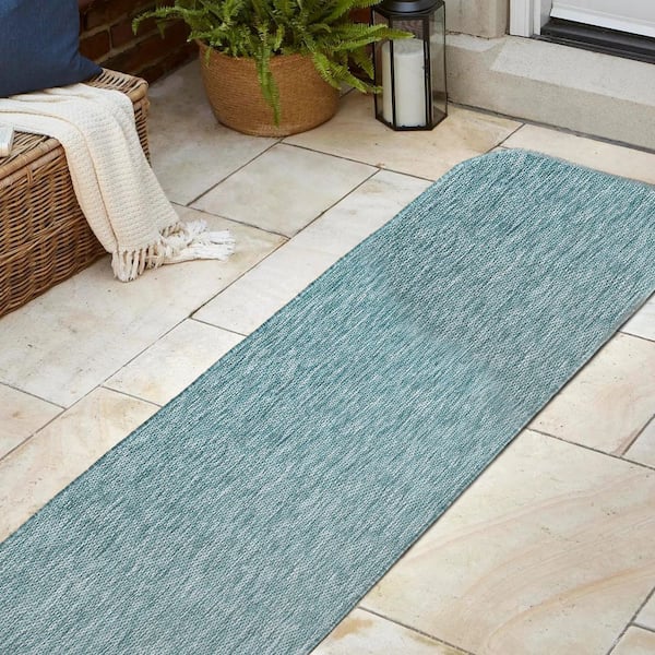 Miles Modern Minimalist Radius Corner Solid Turquoise 2 ft. x 8 ft. Indoor/Outdoor Shaped Runner Rug