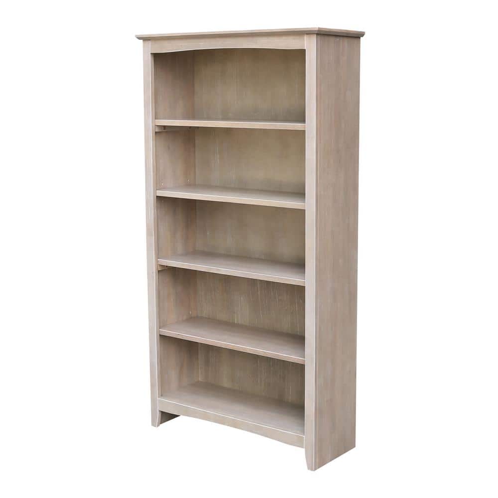 Transitional Washed Gray Solid Wood Adjustable 5-Shelf Bookcase