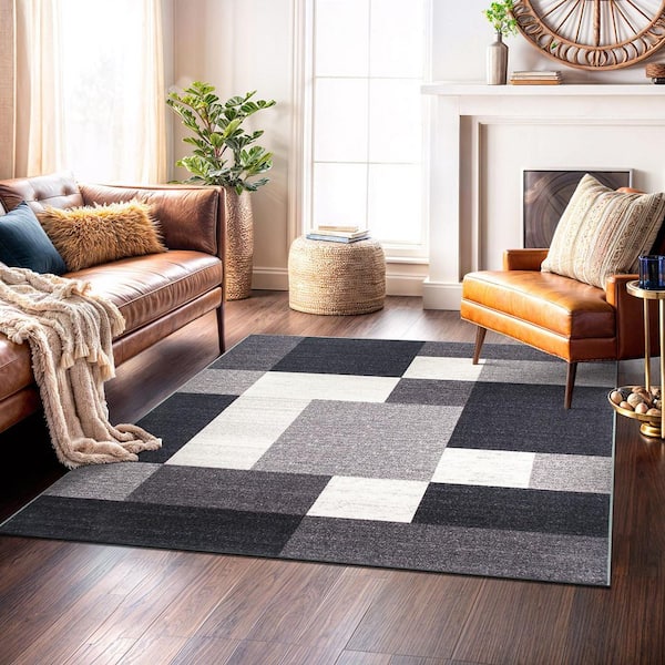 Geometric Boxes Design Non-Slip (Non-Skid) Gray 6 ft. 6 in.  x  in. 6 ft. 6 in.  Square Indoor Area Rug