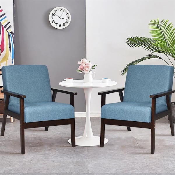 Costway 2-Piece Fabric Wood Outdoor Accent Chaise Lounge Chair with Blue Cushions