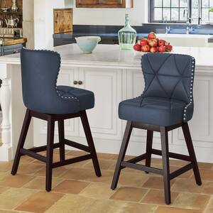 Hampton 26 in. Navy Blue Solid Wood Frame Counter Stool with Back Faux Leather Upholstered Swivel Bar Stool Set of 2