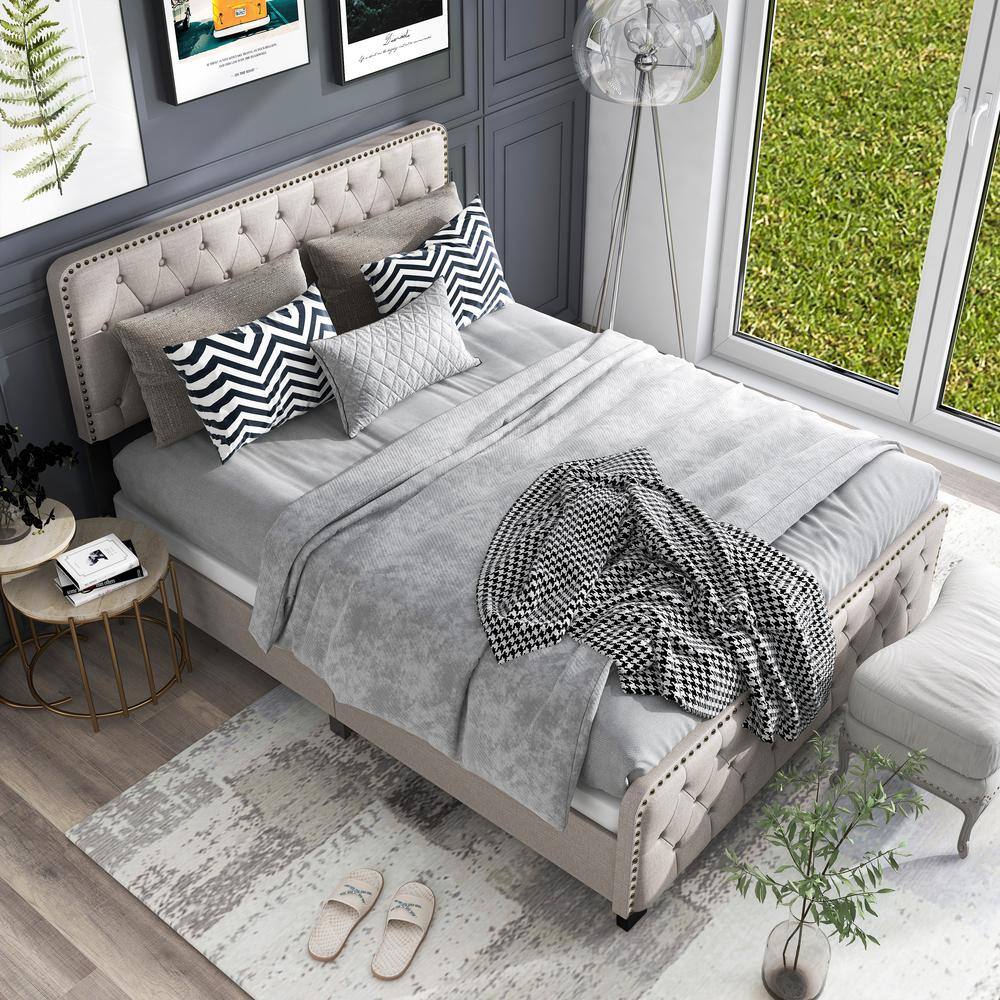 Beige King Upholstered Wood Bed with Tufted Headboard and Nailhead Trim