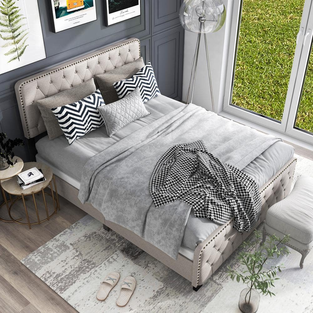 Beige Full Upholstered Wood Bed with Tufted Headboard