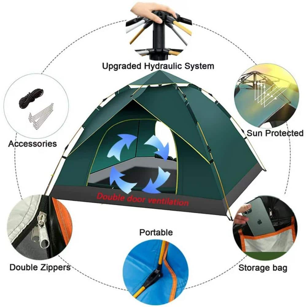 Green 4-Person Camping Tent with 2 Doors