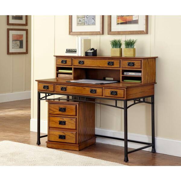 HOMESTYLES Modern Craftsman 2-Piece Distressed Oak and Deep Brown Office Suite