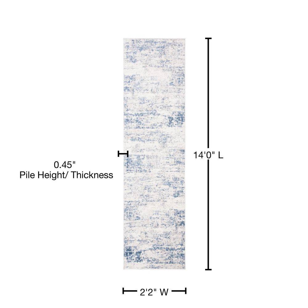 Ivory and Blue Abstract Hand-knotted Synthetic Runner Rug