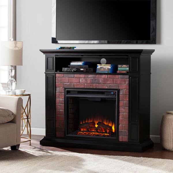 Southern Enterprises Utica 45.5 in. Faux Brick Electric Fireplace TV Stand Media in Satin Black