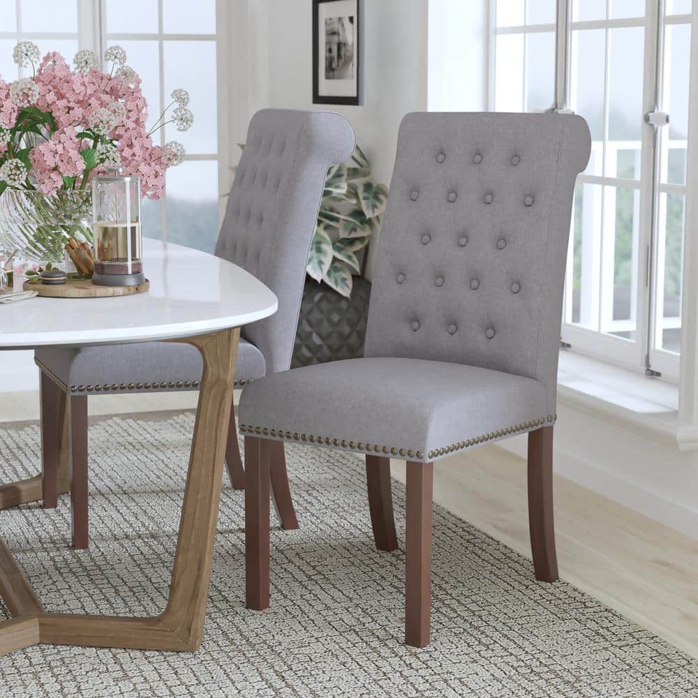 High-Back Parsons Side Chair in Light Gray Leather & Walnut Wood