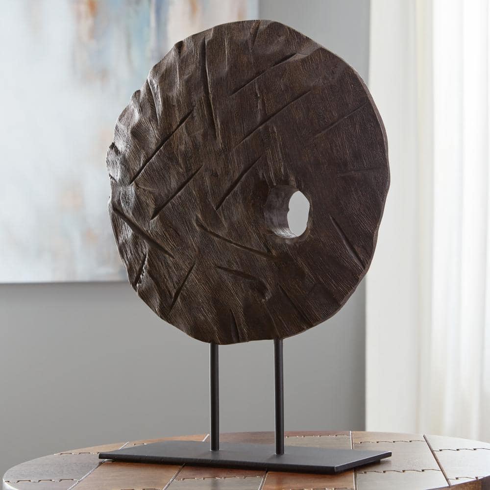 Antiqued Brown Wood Sculpture with Black Metal Base