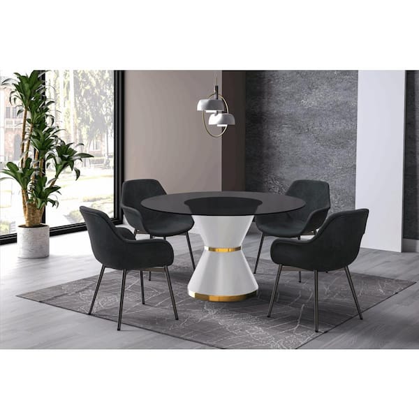 Leisuremod Modern Dining Table with a Round Glass Tabletop in White Steel Seats 6-10 Qorvus Collection in Black