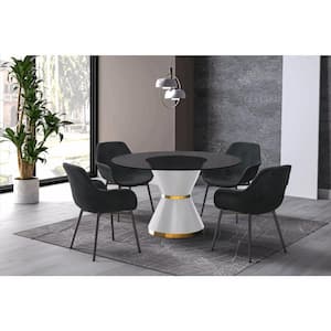 Modern Dining Table with a Round Glass Tabletop in White Steel Seats 6-10 Qorvus Collection in Black
