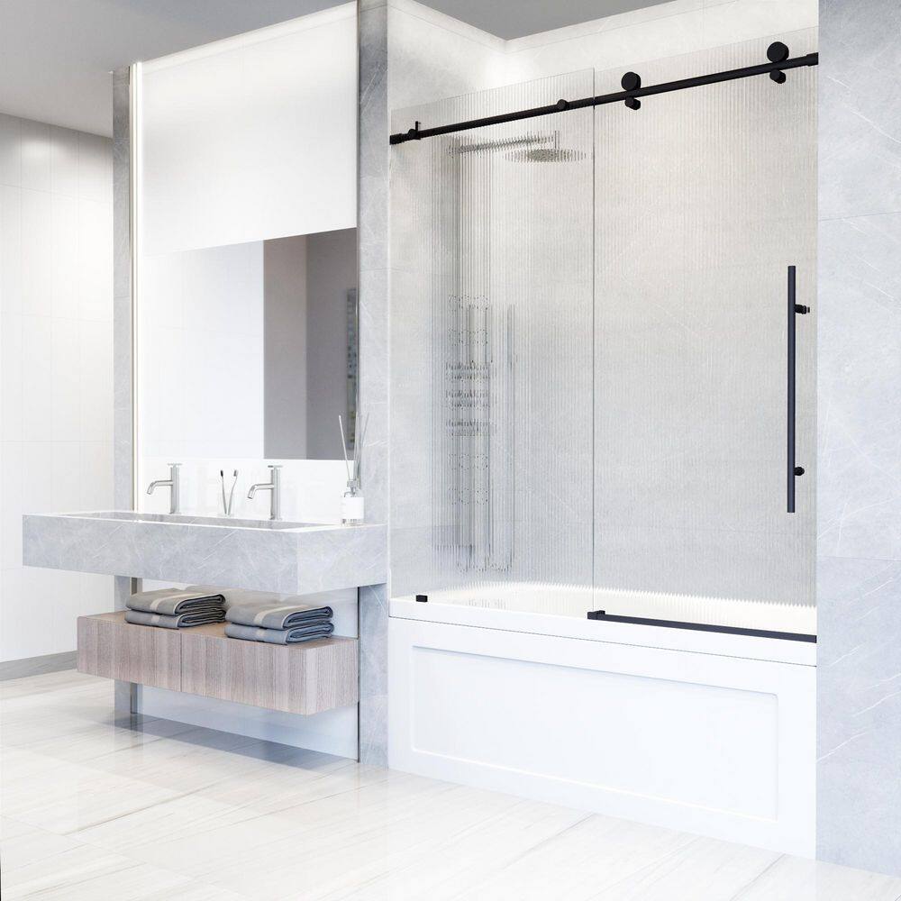 Elan E-Class 60" Matte Black Frameless Sliding Tub Door with Fluted Glass