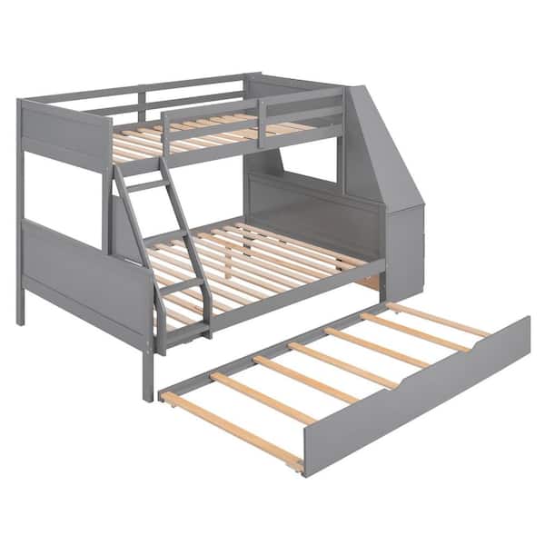 Angel Sar Gray Twin over Full Bunk Bed with Trundle and Built-in Desk, Three Storage Drawers and Shelf