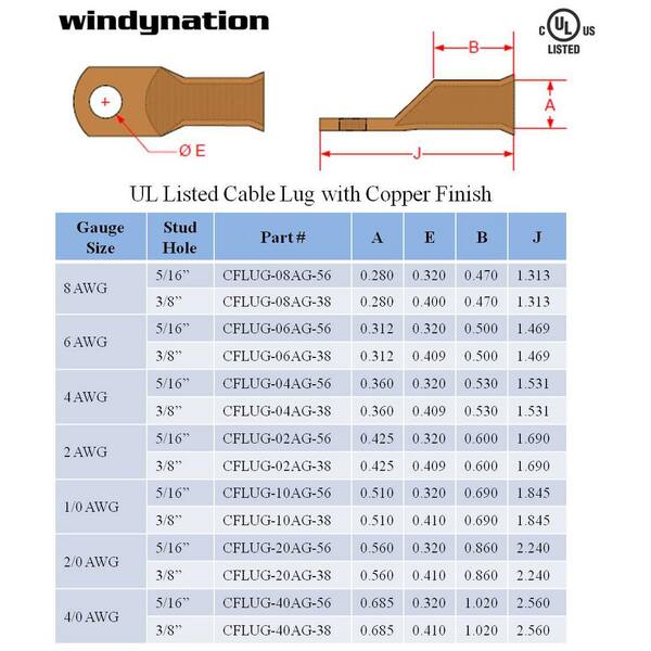 Windynation 1 0 Gauge X 3 8 In Pure Copper Cable Lug Connector Ring Terminals 25 Pack Cflug Hd 1 0ag 38 25pcs Hd The Home Depot