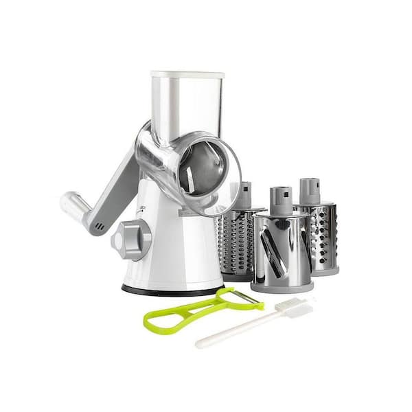 Rotary Cheese Grater White Kitchen Mandolin Slicer Shredder with Handle and 3-Drum Blades for Nuts Vegetables