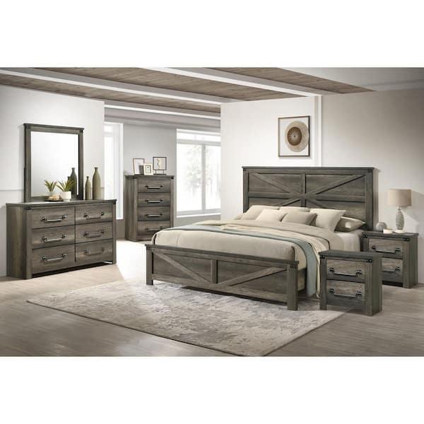 Carter 6-Piece Rustic Gray Wood Frame King Panel Bedroom Set with Farmhouse Headboard, Antique Brass Drop Handles