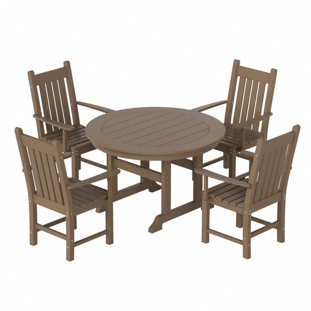 Hayes 5-Piece HDPE Plastic All Weather Outdoor Patio Round Trestle Table Dining Set with Arm Chairs in Weathered Wood -  WESTIN OUTDOOR, OP3001-WW