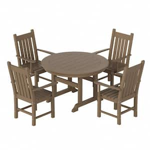 Hayes 5-Piece HDPE Plastic All Weather Outdoor Patio Round Trestle Table Dining Set with Arm Chairs in Weathered Wood