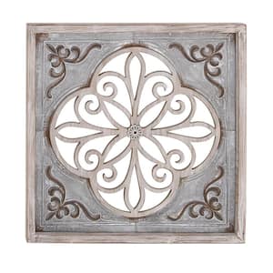 36 in. x  36 in. Metal Gray Cutout Scroll Wall Decor with Brown Wood Accents