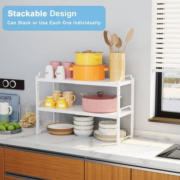 2 Pack White 20.5 in. Adjustable Expandable Cabinet Countertop Shelves, 22 lb. Stackable Shelves Organizers for Kitchen