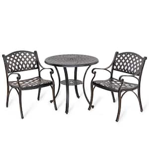 3-Piece Cast Aluminum Outdoor Patio Bistro Set Dining Chair and Round Table Set with Umbrella Hole in Black