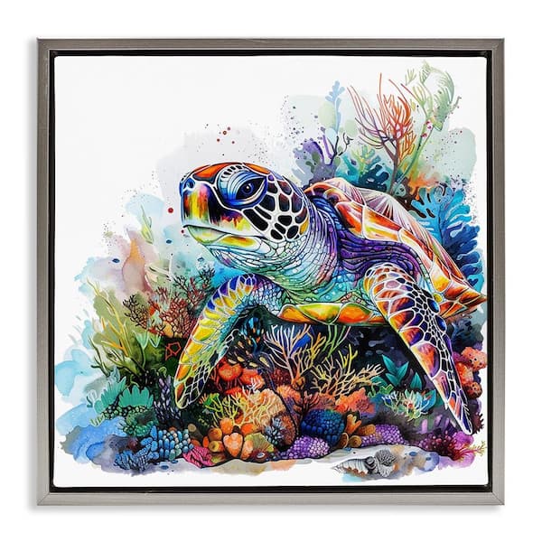 Stupell Industries Aquatic Sea Turtle by LSR Design Studio Gray Floater Frame Animal Graphic Art Print 18 in. x 18 in.
