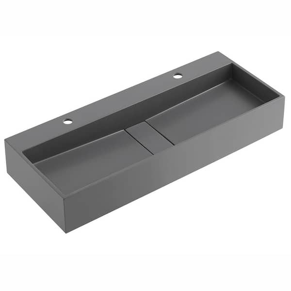 SERENE VALLEY 47 in. Wall Mount or Countertop Bathroom Hidden Drain Sink with Double Faucet Holes in Matte Gray