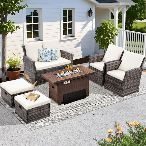6-Piece Gray Outdoor Wicker Sectional Sofa Patio Conversation Set with Ottomans and Beige Cushions
