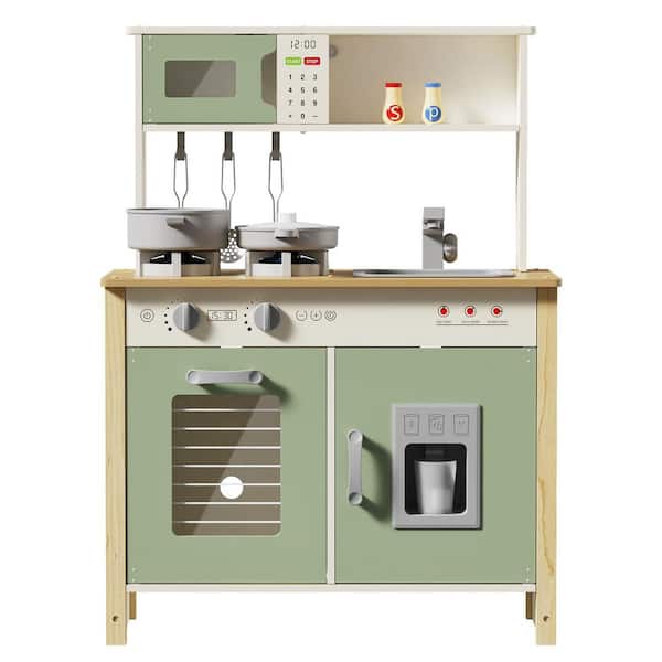 Wooden Play Kitchen Set with Lights  and  Sounds, Kitchen Playset with 30 Accessories-Compact Pretend Play Kitchen