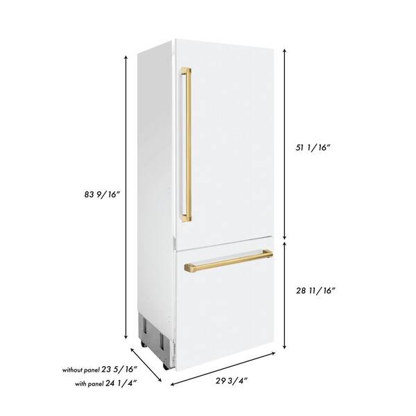 white matte refrigerator with gold handles