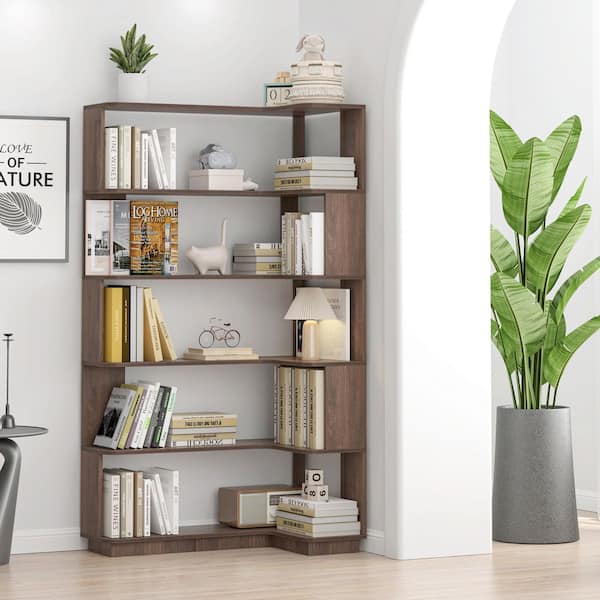 64.56 in. H Dark Brown Engineered Wood L Shaped Corner 6 Tier Bookcase with Anti Tipping, Open Storage Display Cabinet