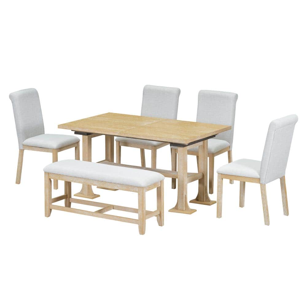 6-Piece Farmhouse Extendable Dining Set, 76" Trestle Table with 18" Leaf, Chair and Bench, Natural